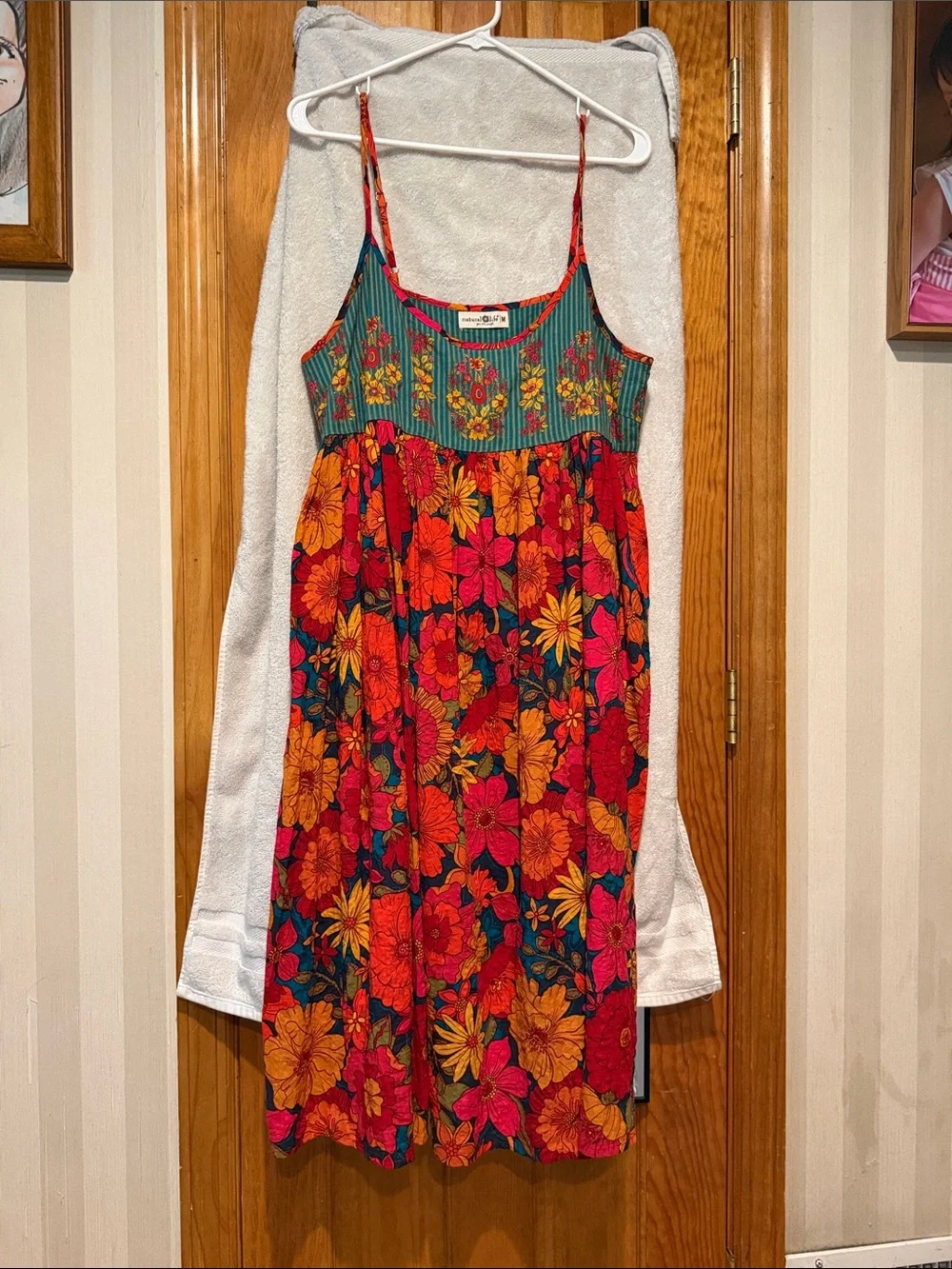 NATURAL LIFE Teal Stripe Floral Gigi dress with Pink & Orange Trim